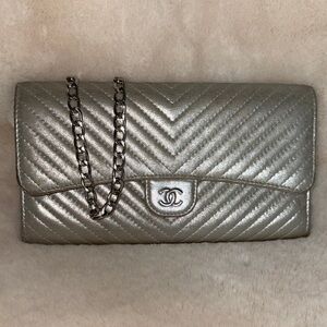 Chanel Chevron Quilted Flap Metallic Silver Wallet